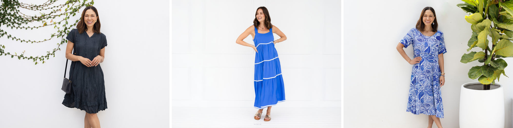 Brunette women stand wearing a variety of dresses suitable for petites.