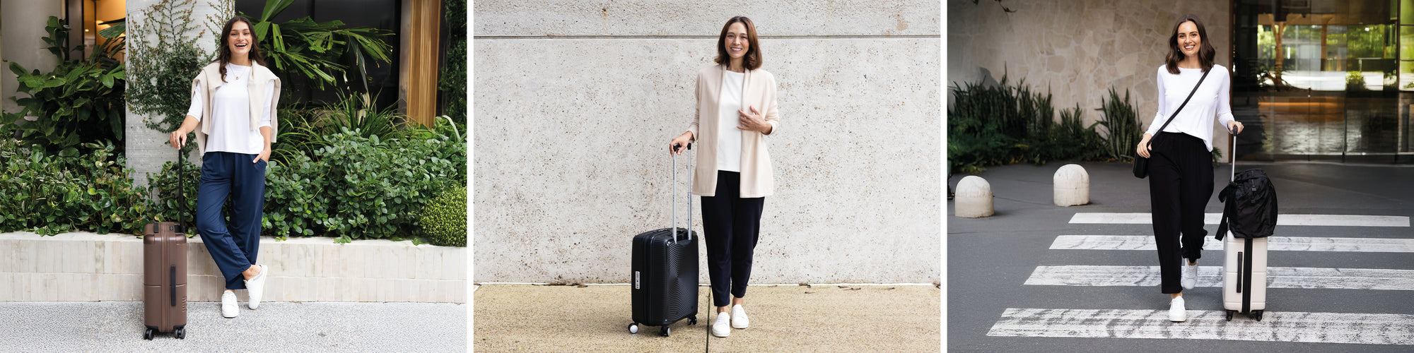 Brunette women wheeling suitcases wearing stylish, put together airport outfits.