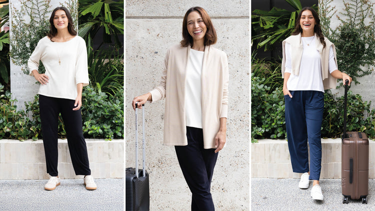 Brunette women wearing comfortable airplane outfits for long flights.