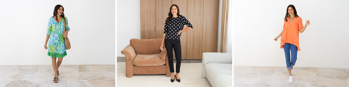 Brunette woman in a variety of styles and fits, fabrics and colours showing a range of product types