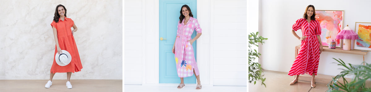 Brunette women wearing long bright shirt dresses appropriate for teacher outfits.