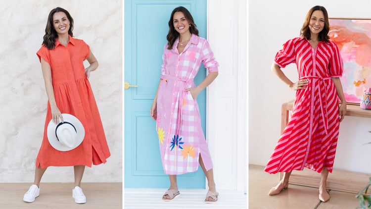 Brunette women wearing long bright shirt dresses appropriate for teacher outfits.