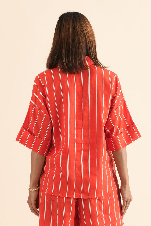 Bloom Orange Stripe Linen Blend Shirt,Back,Brunette model,alt text|model:Cara image 4