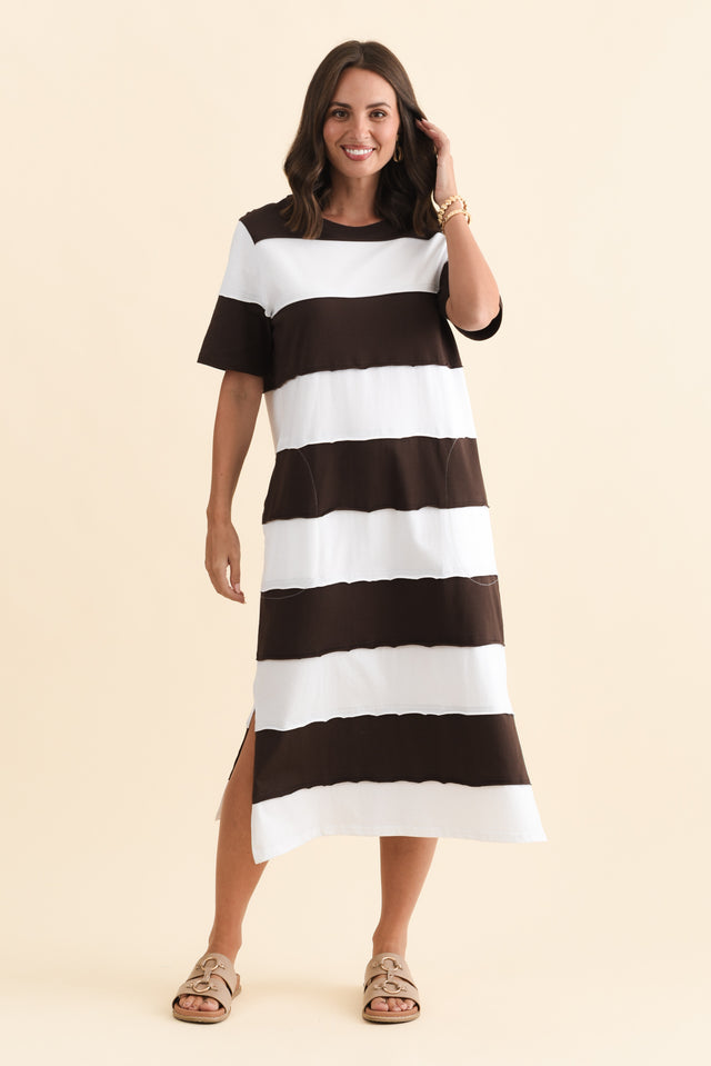 Bold Dark Brown Stripe Cotton Tee Dress,Brunette model,alt text|model:MJ image 7