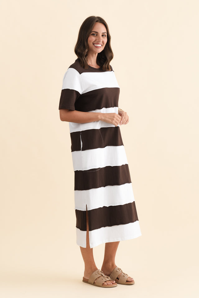 Bold Dark Brown Stripe Cotton Tee Dress,Brunette model,alt text|model:MJ image 4