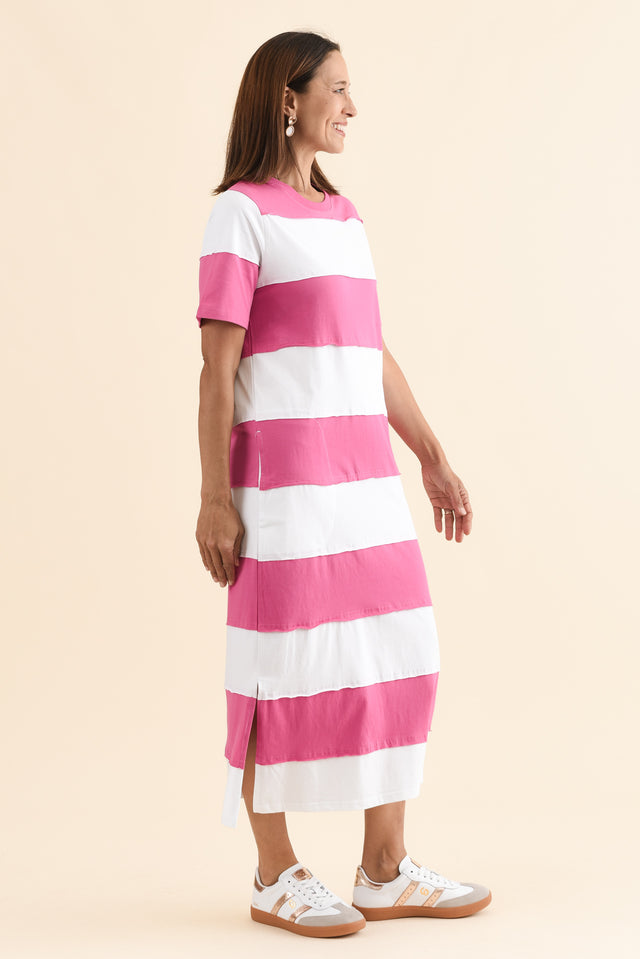 Bold Magenta Stripe Cotton Tee Dress,Side,Brunette model,alt text|model:Cara image 3