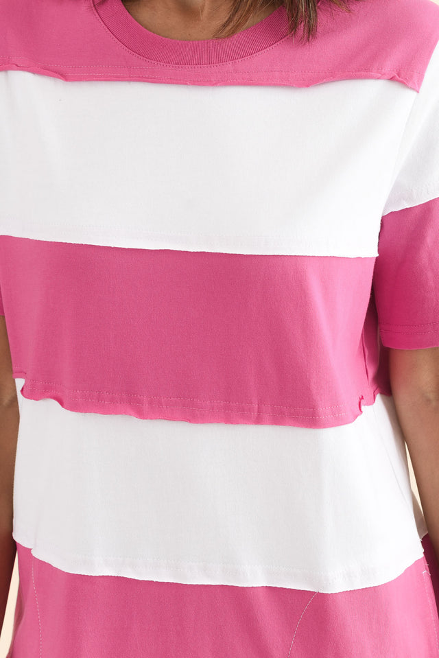 Bold Magenta Stripe Cotton Tee Dress,Detail,Brunette model,alt text|model:Cara image 5