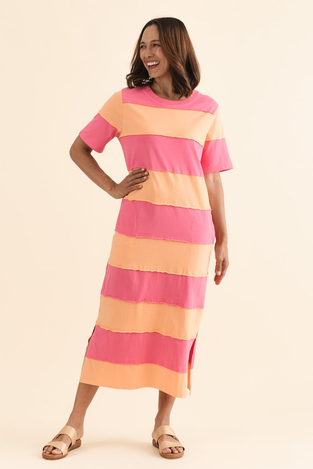 Bold Peach Stripe Cotton Tee Dress,Full Body,Brunette model,alt text|model:Cara image 2