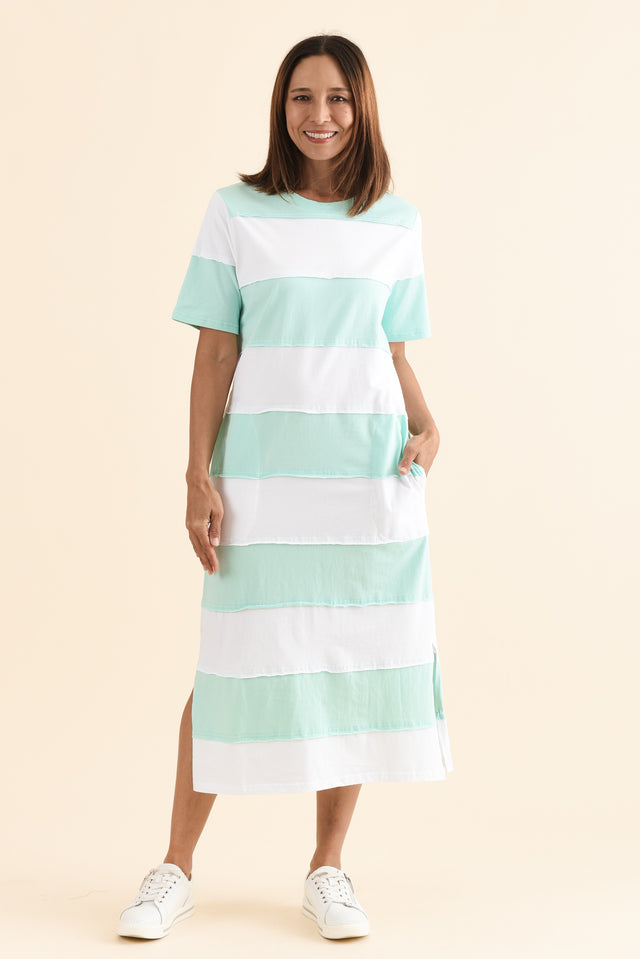 Bold Sky Blue Stripe Cotton Tee Dress,Front,Brunette model,alt text|model:Cara image 1