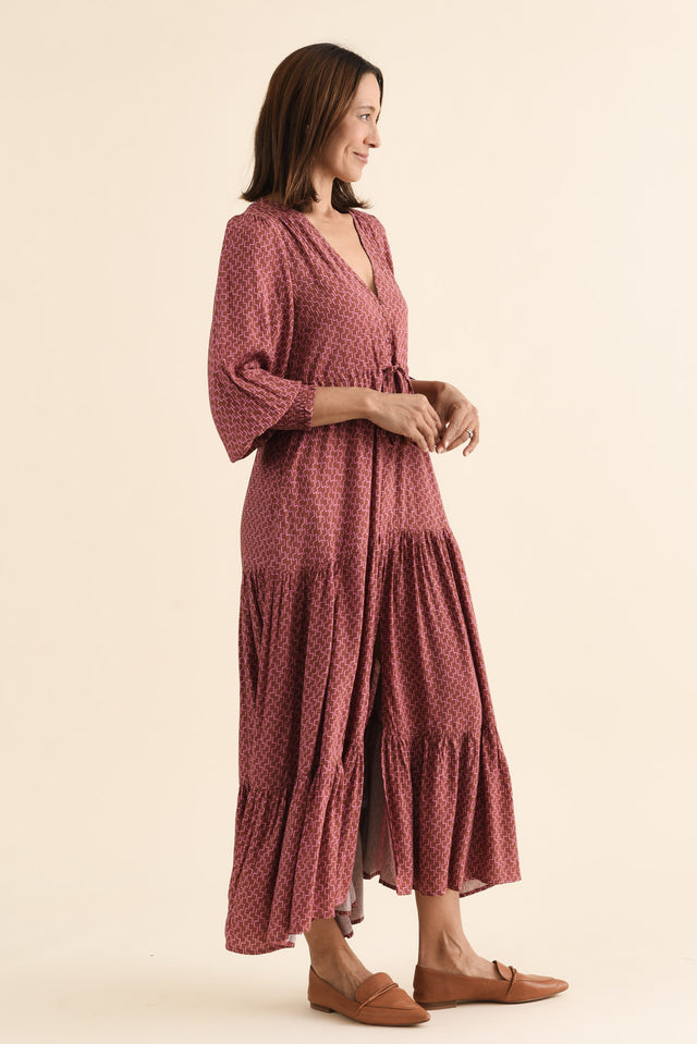Boleyn Pink Geo Tie Dress,brunette model,Side of Outfit,alt text|model:Cara image 3