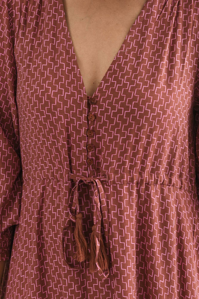 Boleyn Pink Geo Tie Dress,brunette model,Close up of outfit,alt text|model:Cara image 5