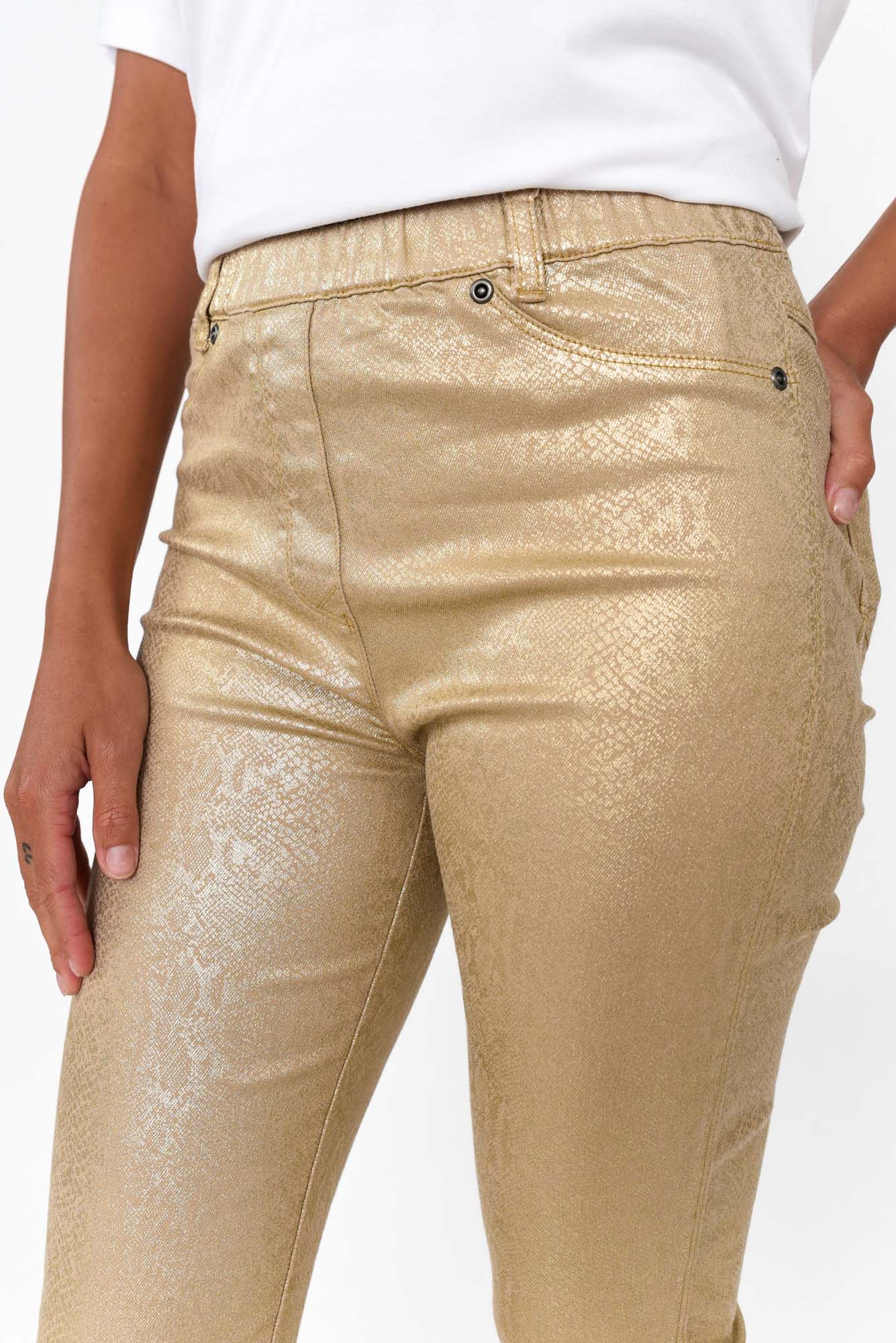 Bonita Gold Animal Foil Stretch Pants - Blue Bungalow