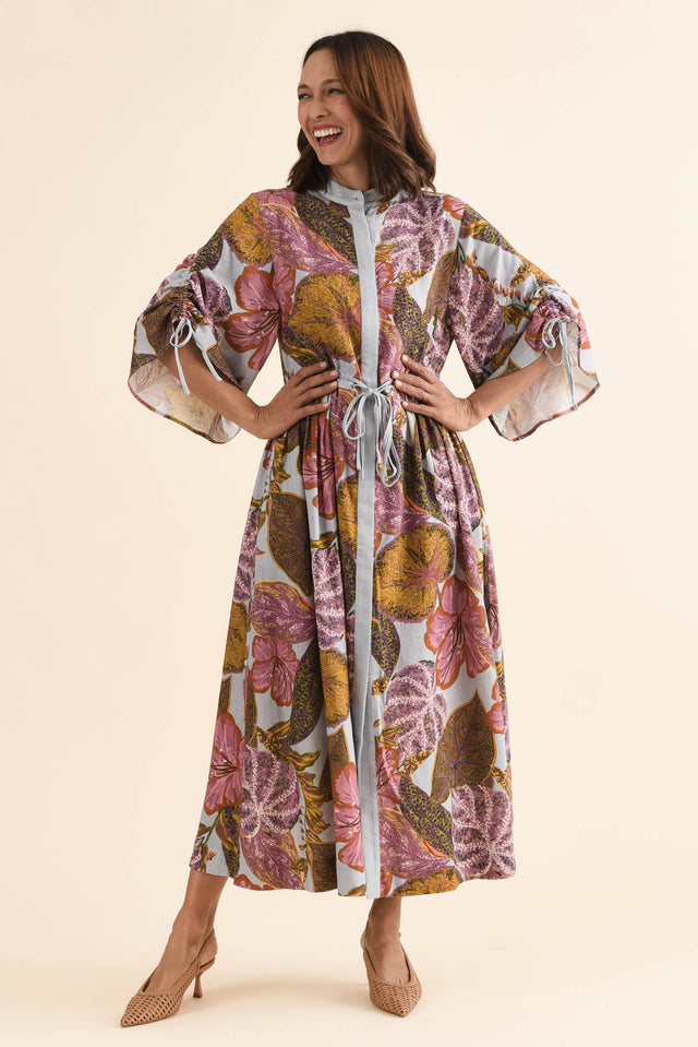 Botanica Purple Leaf Button Dress,Full Body,Brunette model,alt text|model:Cara image 2