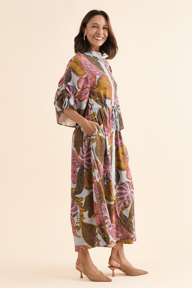 Botanica Purple Leaf Button Dress,Side,Brunette model,alt text|model:Cara image 3