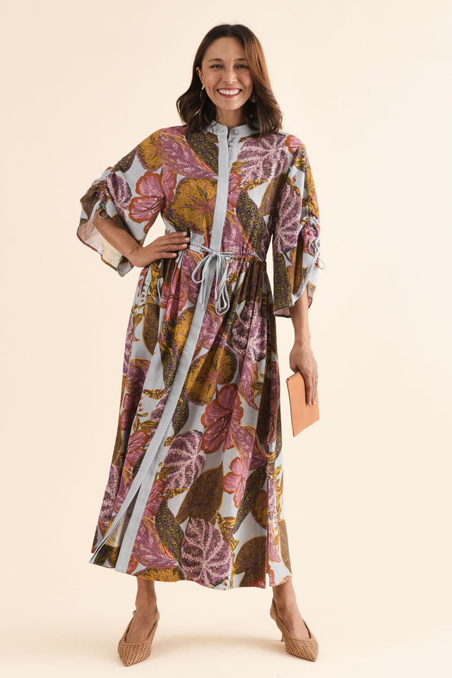Botanica Purple Leaf Button Dress,Front,Brunette model,alt text|model:Cara image 1