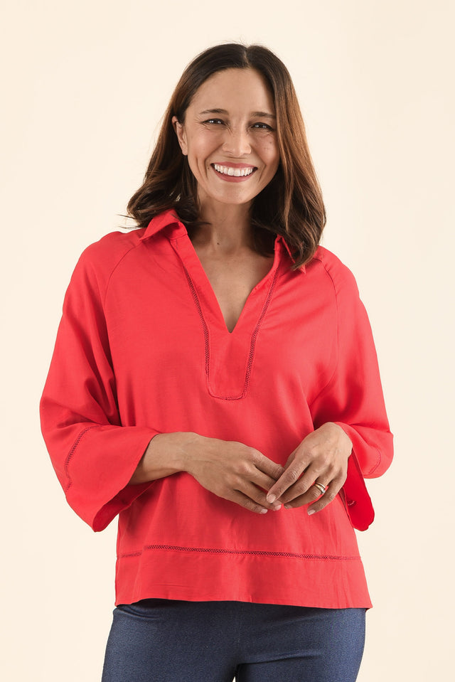 Brayden Red Collared Blouse,Front,Brunette model,alt text|model:Cara