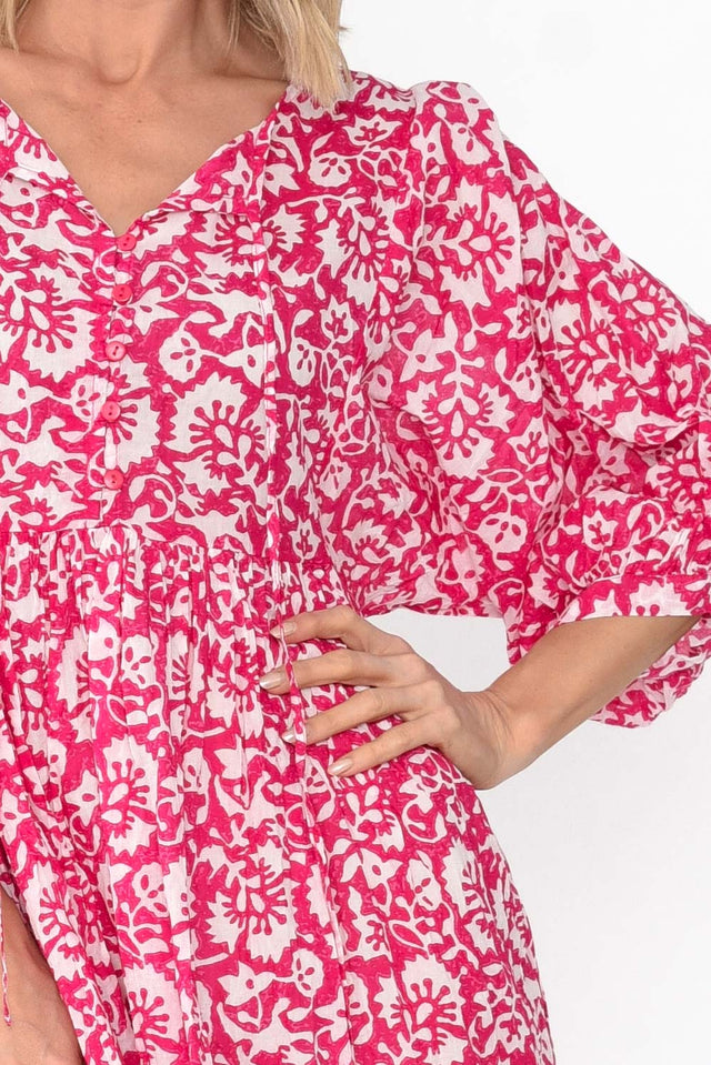 Brenna Pink Floral Cotton Button Dress