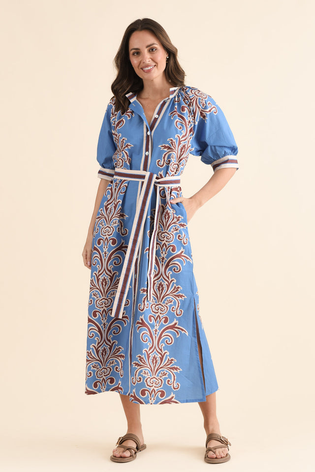 Brianne Blue Abstract Cotton Tie Dress,Full Body,Brunette model,alt text|model:MJ image 2