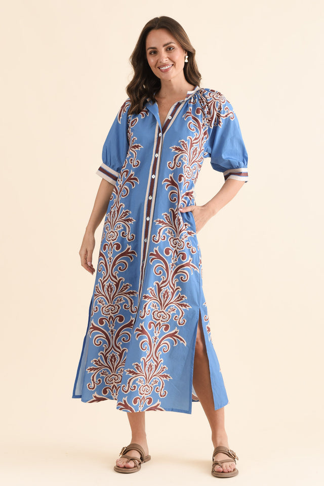 Brianne Blue Abstract Cotton Tie Dress,Front,Brunette model,alt text|model:MJ image 1
