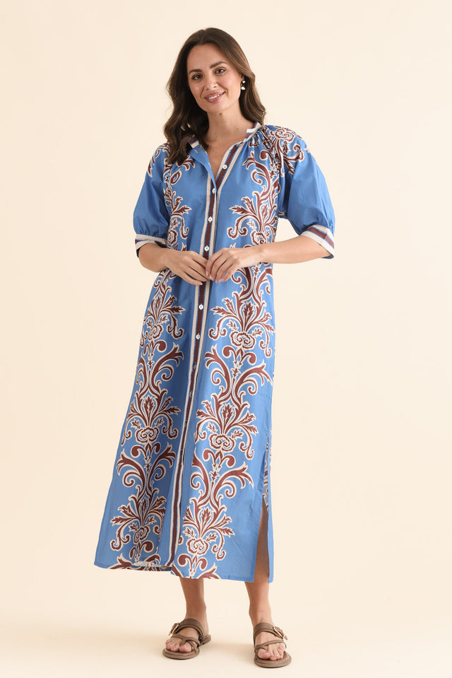 Brianne Blue Abstract Cotton Tie Dress,Full Body,Brunette model,alt text|model:MJ image 6