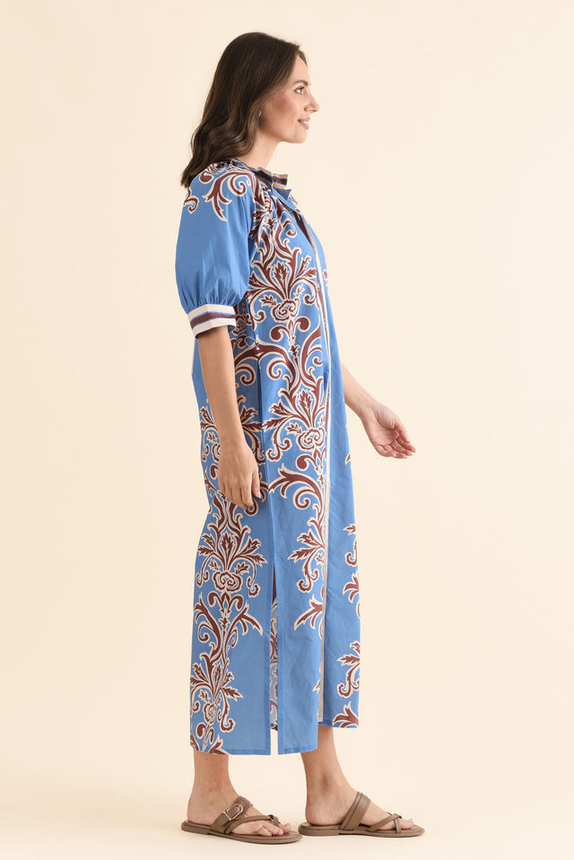Brianne Blue Abstract Cotton Tie Dress,Side,Brunette model,alt text|model:MJ image 3