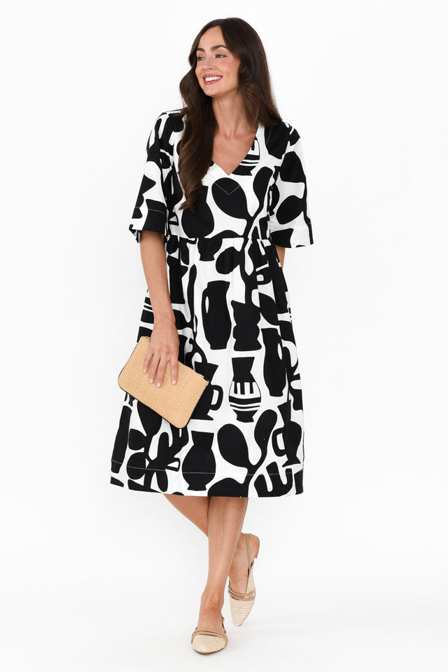 Brightside Black Abstract Cotton Dress,Brunette model,alt text|model:Elouise