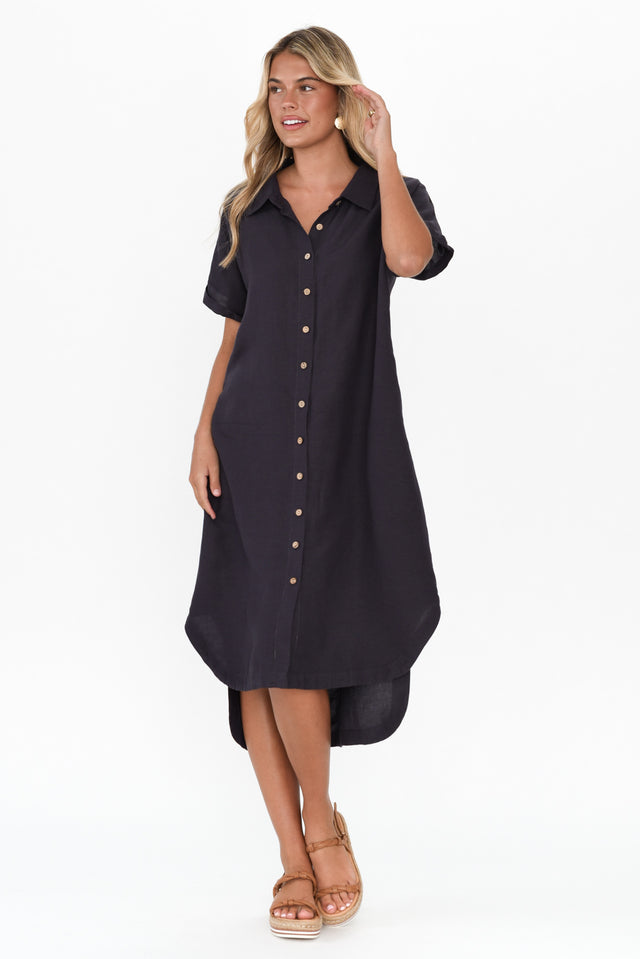 Briony Navy Linen Cotton Shirt Dress