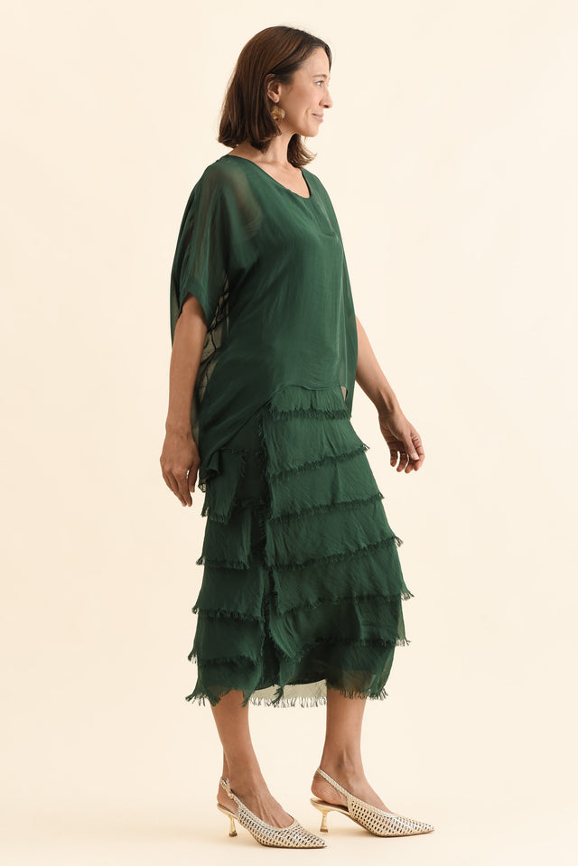 Britt Green Silk Layer Dress,Side,Brunette model,alt text|model:Cara image 3