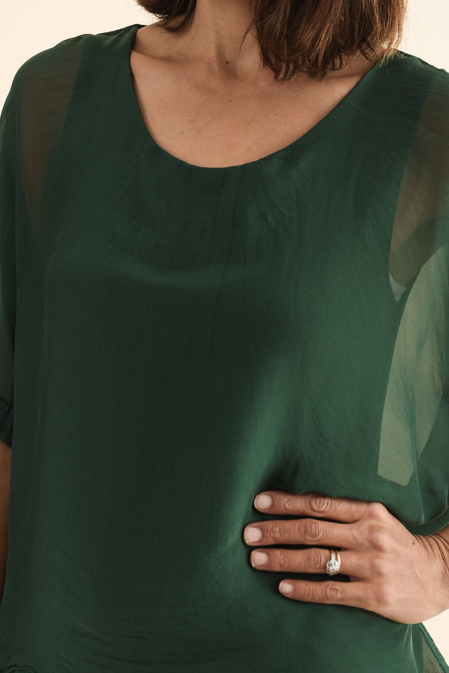 Britt Green Silk Layer Dress,Detail,Brunette model,alt text|model:Cara image 5