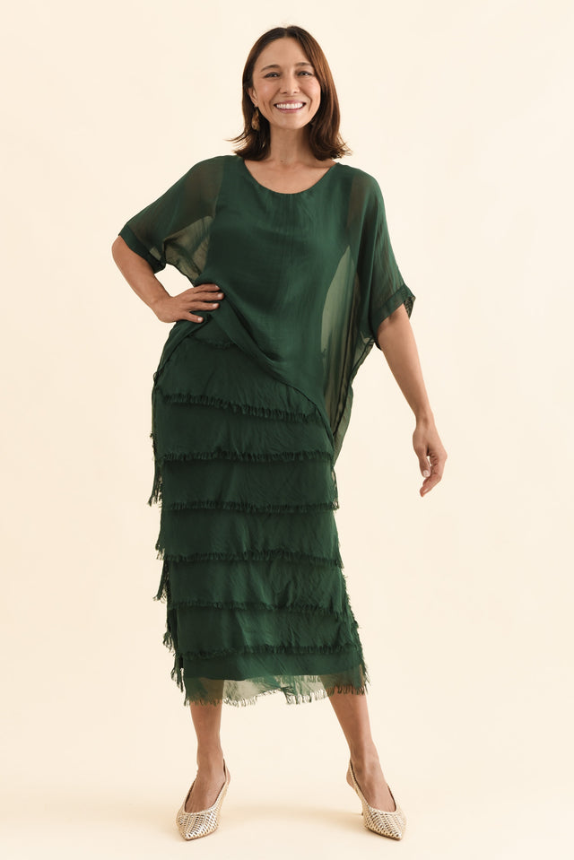 Britt Green Silk Layer Dress,Full Body,Brunette model,alt text|model:Cara image 6