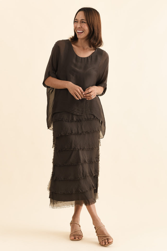 Britt Chocolate Silk Layer Dress,Full Body,Brunette model,alt text|model:Cara image 2