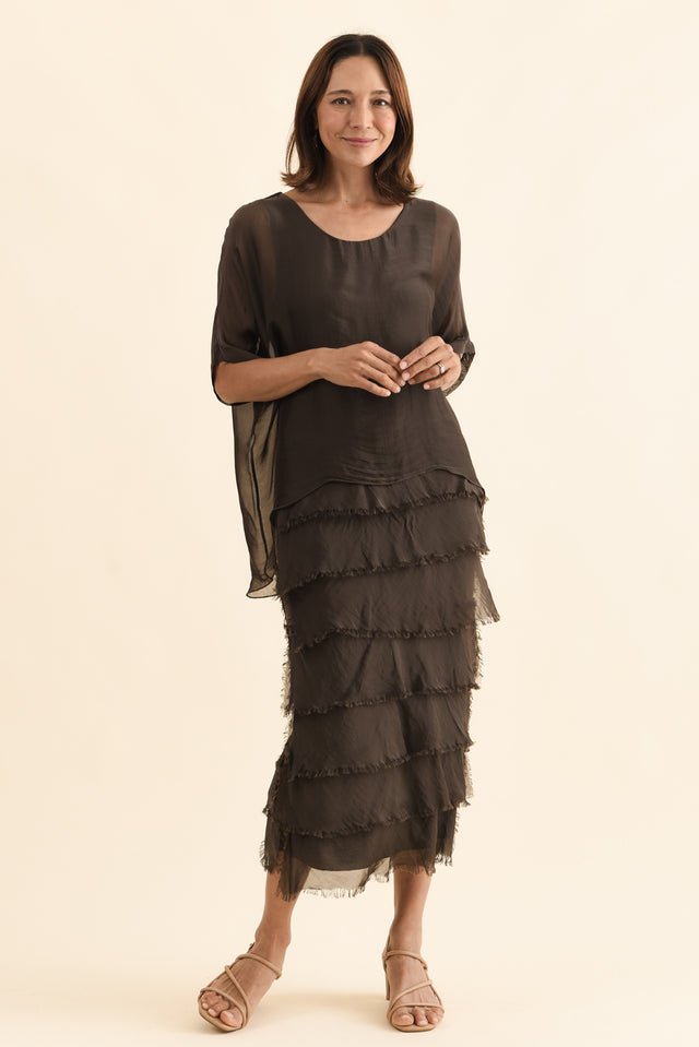 Britt Chocolate Silk Layer Dress,Full Body,Brunette model,alt text|model:Cara image 6