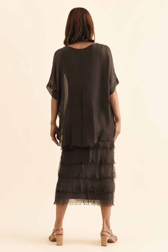 Britt Chocolate Silk Layer Dress,Back,Brunette model,alt text|model:Cara image 4
