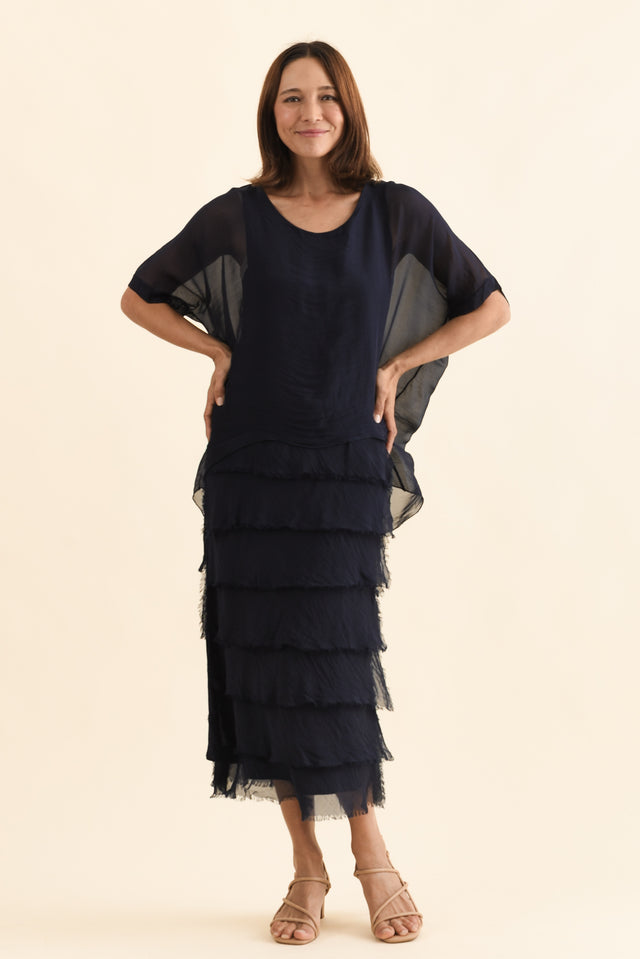 Britt Navy Silk Layer Dress,Full Body,Brunette model,alt text|model:Cara image 6