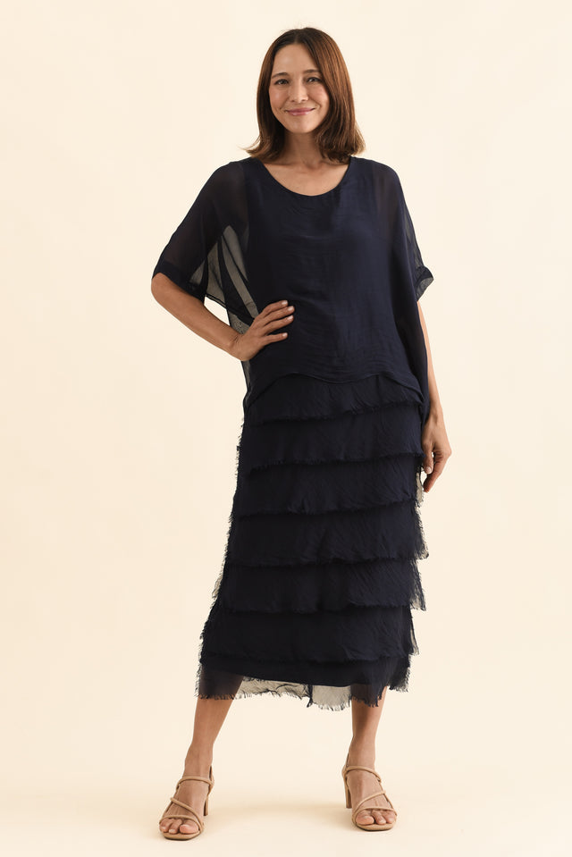 Britt Navy Silk Layer Dress,Full Body,Brunette model,alt text|model:Cara image 2
