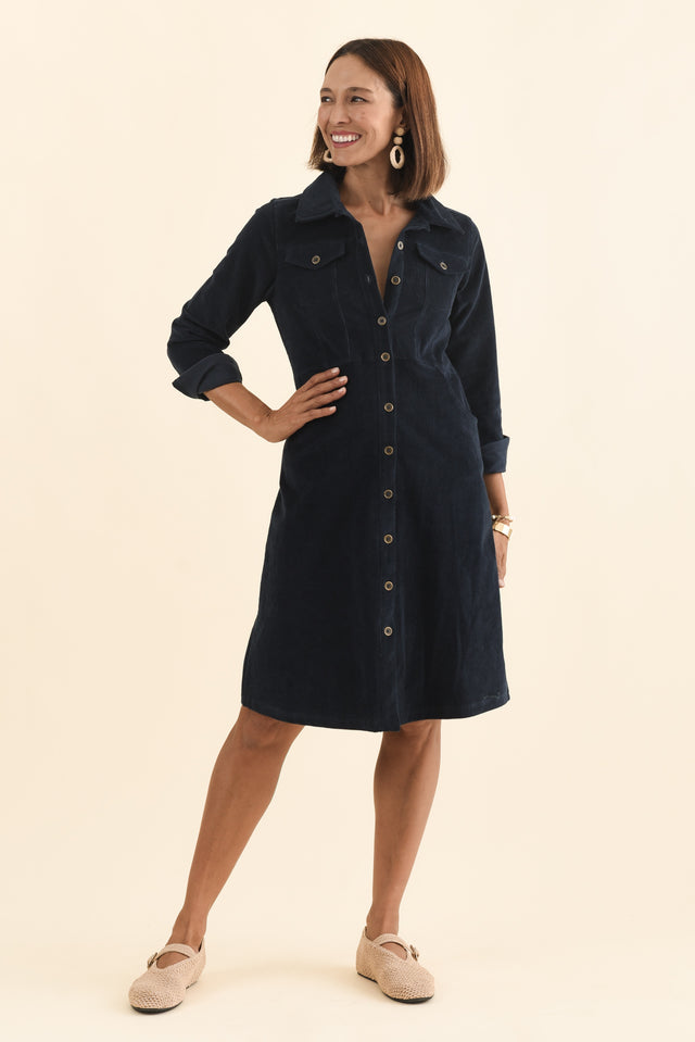 Bronwyn Navy Corduroy Button Dress,Brunette model,alt text|model:Cara image 7