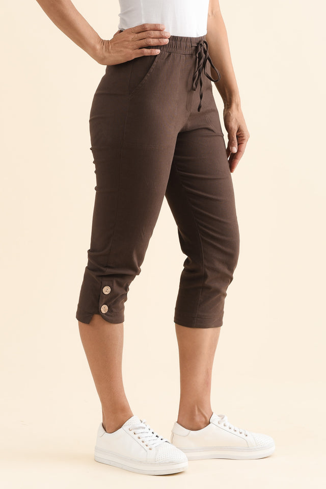 Bulimba Chocolate Cotton Capri Pants,Side,Brunette model,alt text|model:Cara image 3