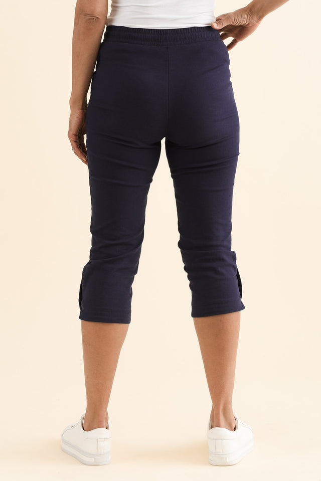 Bulimba Navy Cotton Capri Pants,Back,Brunette model,alt text|model:Cara image 4