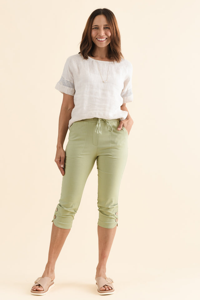 Bulimba Olive Cotton Capri Pants,Full Body,Brunette model,alt text|model:Cara image 2