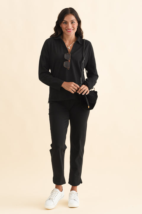 Butler Black Collared Long Sleeve Top