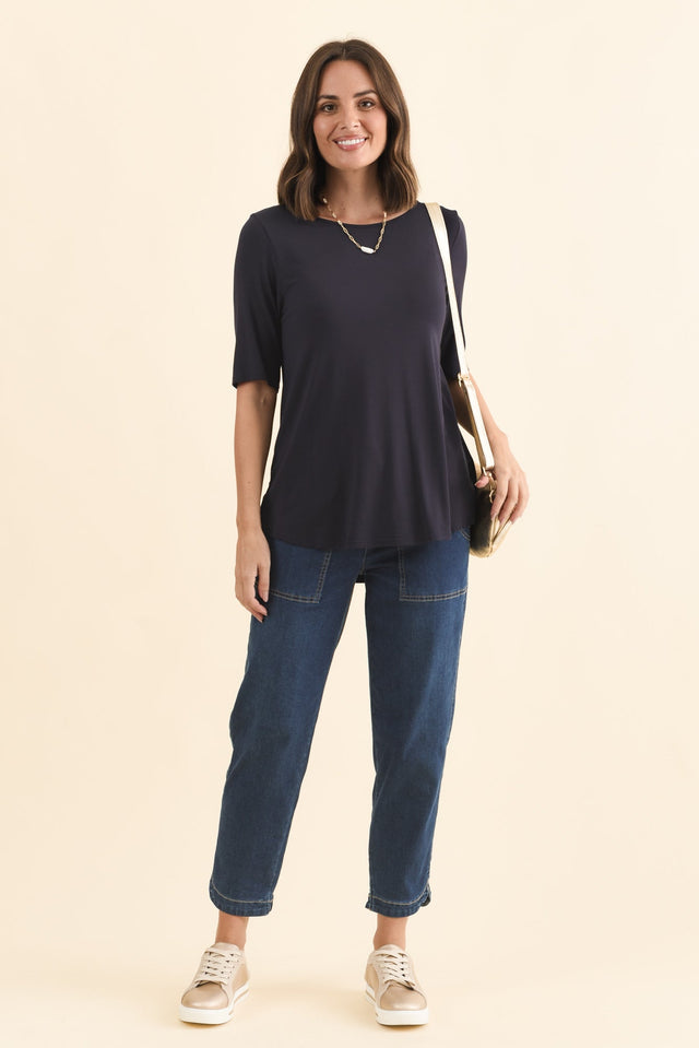 Buttery Navy Half Sleeve Top,Brunette model,alt text|model:MJ image 3