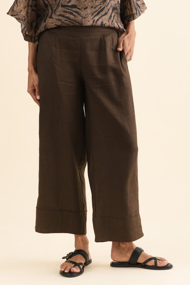 Cady Chocolate Linen Pants,Front,Brunette model,alt text|model:Cara image 1