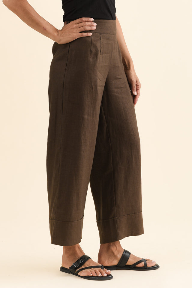 Cady Chocolate Linen Pants,Side,Brunette model,alt text|model:Cara image 3