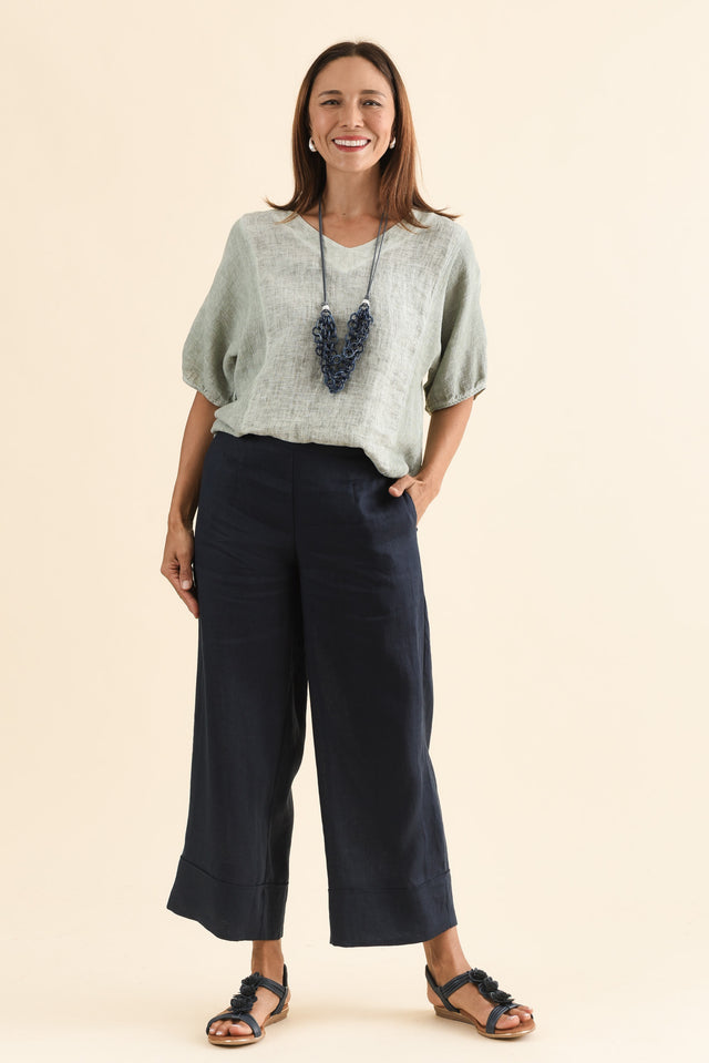 Cady Navy Linen Pants,Full Body,Brunette model,alt text|model:Cara image 2