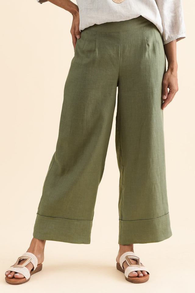 Cady Olive Linen Pants,Front,Brunette model,alt text|model:Cara image 1