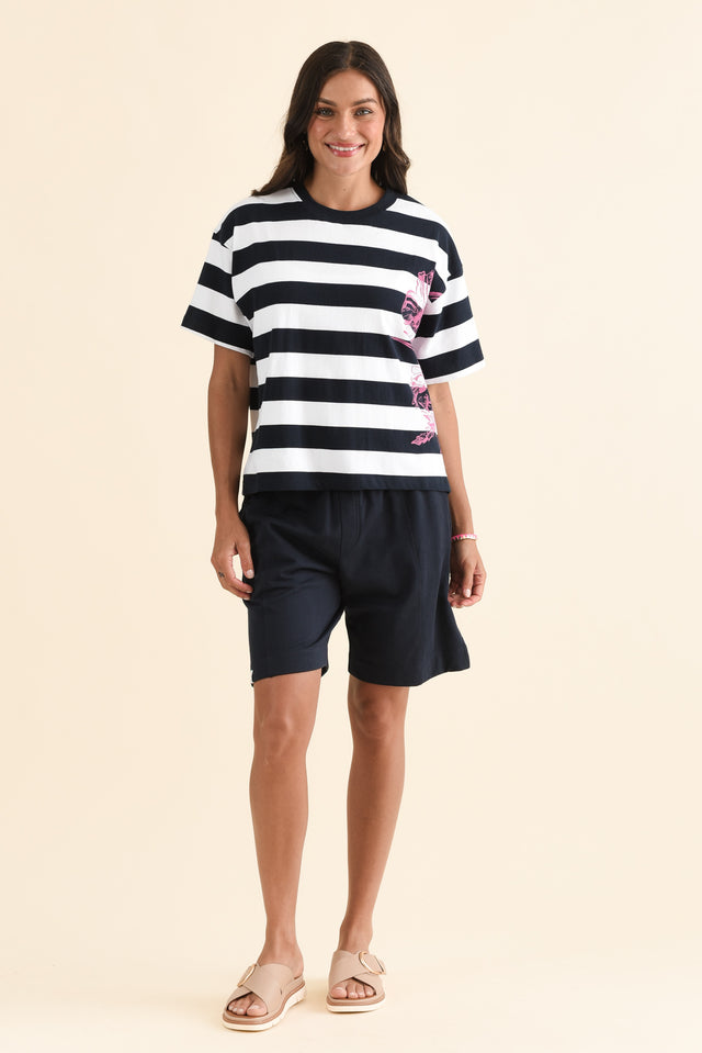 Caju Navy Stripe Cotton Tee,Full Body,Brunette model,alt text|model:Brontie image 6