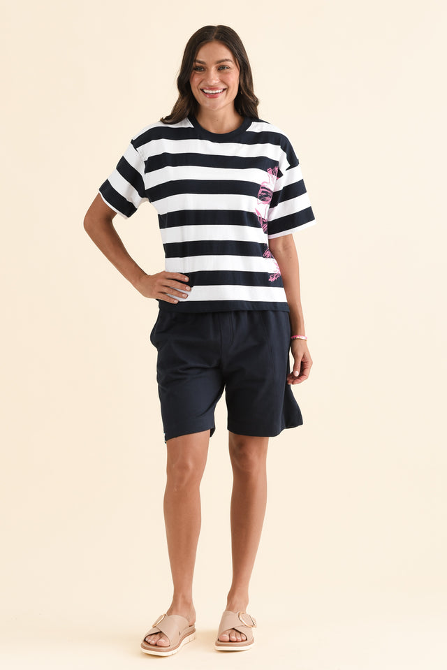 Caju Navy Stripe Cotton Tee,Full Body,Brunette model,alt text|model:Brontie image 2