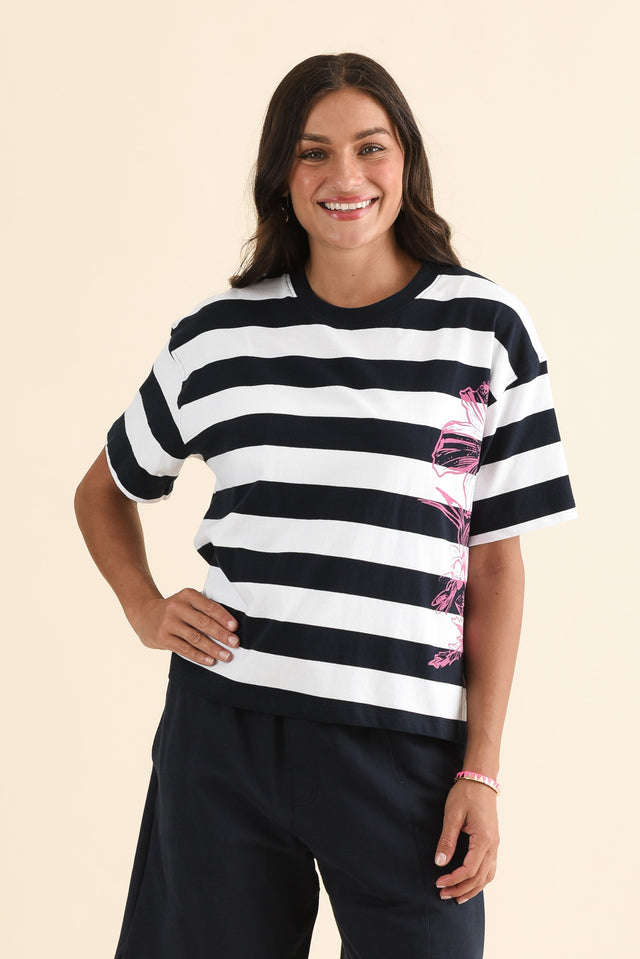 Caju Navy Stripe Cotton Tee,Front,Brunette model,alt text|model:Brontie image 1