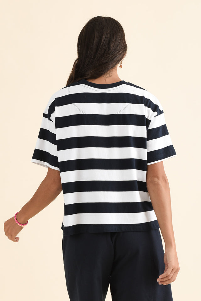 Caju Navy Stripe Cotton Tee,Back,Brunette model,alt text|model:Brontie image 4