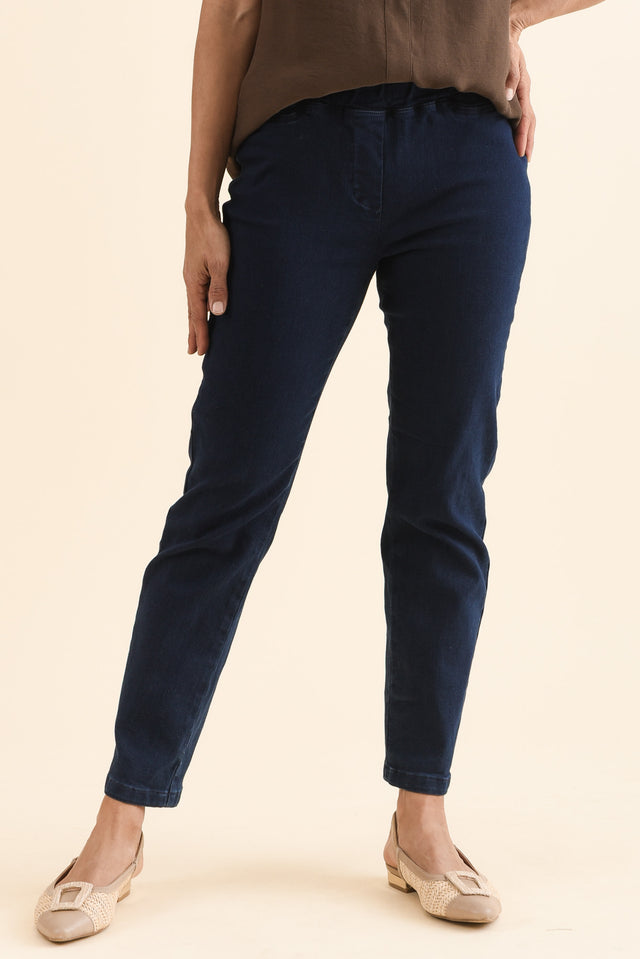 Callie Navy Cotton 7/8 Stretch Pants,Front,Brunette model,alt text|model:Cara